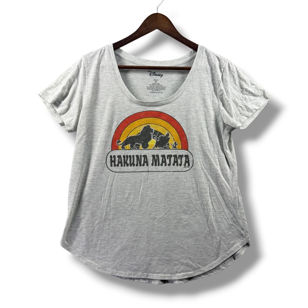 Disney Lion King Hakuna Matata Graphic Tee Gray Scoop‎ Neck Shirt XL RN111647